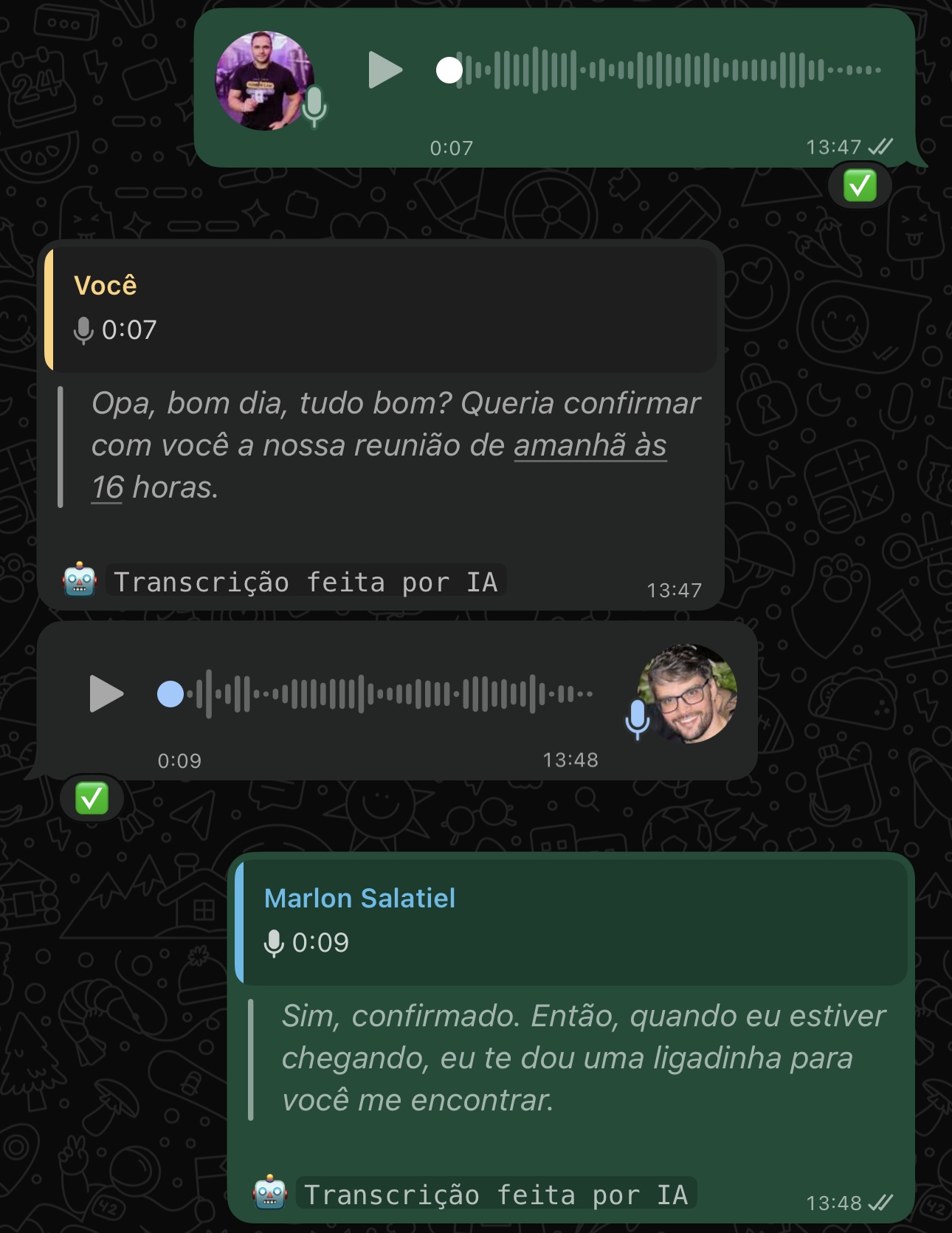 Exemplo de áudio transcrito no WhatsApp